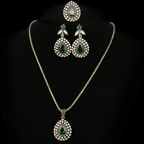 Conservative Charming Faux Gemstone Rhinestone Water Drop Necklace Ring and Earrings