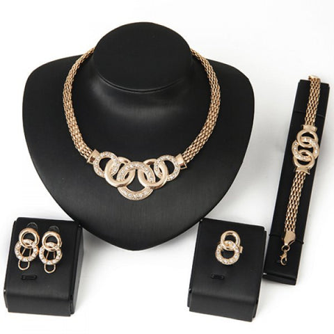 Conservative Chic Rhinestone Annulus Necklace Bracelet Ring and A Pair of Earrings For Women