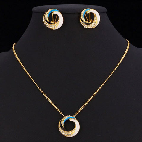 Trendy Cute Rhinestone Round Hollow Out Necklace and Earrings