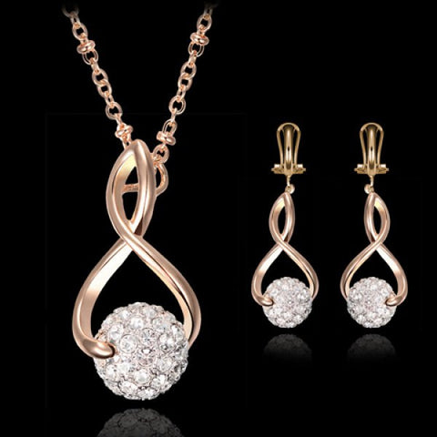 Conservative Delicate Rhinestoned Ball Shape Eight Necklace and Earrings For Women