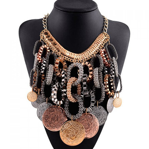 Statement Exaggerated Engraved Coin Layered Necklace