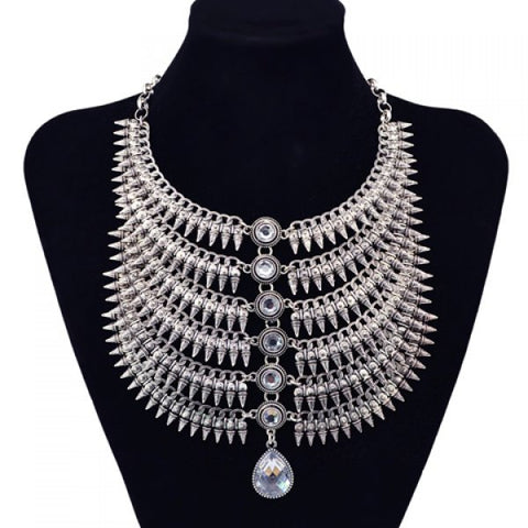 Statement Exaggerated Layered Rivets Faux Crystal Water Drop Necklace