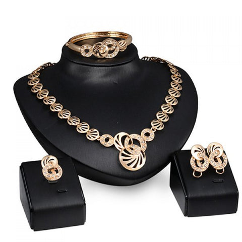 Conservative Gold Suit Vintage Rhinestone Necklace Ring Bracelet and Earrings For Women