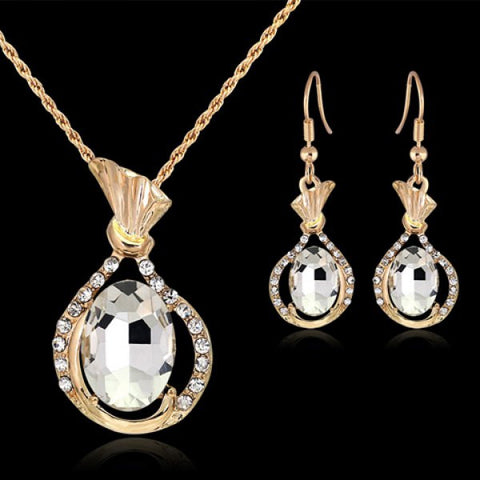 Trendy Graceful Faux Crystal Oval Hollow Out Necklace and Earrings