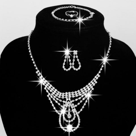 Statement Graceful Rhinestoned Water Drop Necklace Ring Bracelet and Earrings