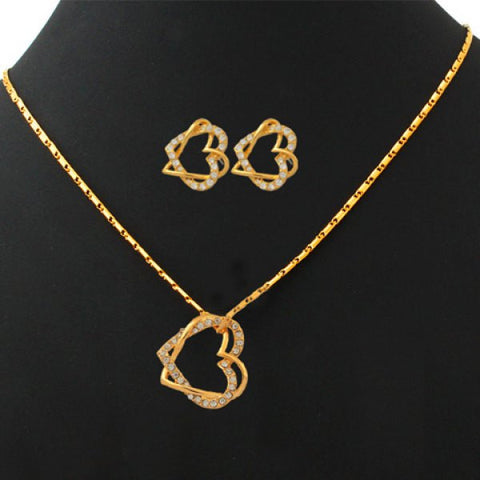 Trendy Rhinestone Double-Layered Heart Necklace and Earrings For Women