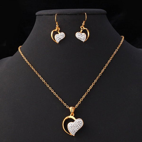 Trendy Rhinestone Heart Necklace and Earrings For Women