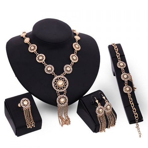 Conservative Rhinestoned Round Necklace Earrings Ring and Bracelet For Women