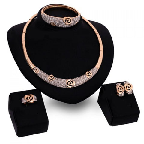 Vintage Rhinestoned Blossom Necklace Earrings Ring and Bracelet For Women