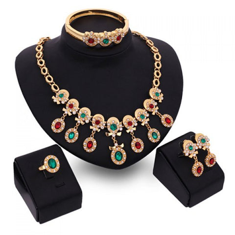 Vintage Rhinestoned Oval Necklace Earrings Ring and Bracelet For Women
